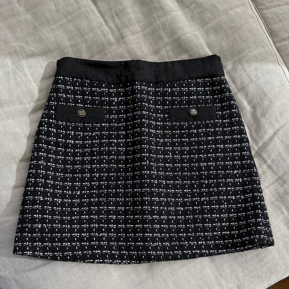 Black & White Tweed Mini Skirt with Decorative Buttons